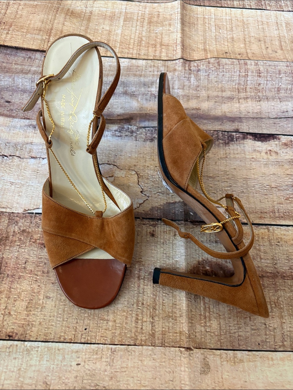 Vintage Italian Tan Suede High Heel Slingback Sandals with Gold Chain Detail